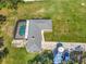 Aerial shot displays backyard pool, extended driveway and luscious green landscaping at 3380 Blossom St, Kissimmee, FL 34746