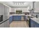 Bright kitchen with white and blue cabinets, stainless appliances, and tile flooring at 3380 Blossom St, Kissimmee, FL 34746