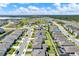 An aerial view of a well-maintained residential neighborhood near a lake and highway with lush landscaping at 7627 Taormina Way, Clermont, FL 34714