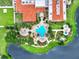 Stunning aerial view of a resort-style community pool, lush landscaping, and lakeside with chairs and umbrellas at 453 Treviso Dr, Poinciana, FL 34759