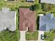 Aerial view of a well-maintained property showcasing the roof, lawn, driveway, and surrounding landscape at 17108 Se 76Th Creekside Cir, The Villages, FL 32162