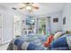 Comfortable bedroom featuring a blue quilt, ceiling fan, and light from a large window at 1930 Country Club Rd, Eustis, FL 32726