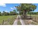Driveway with fencing and mature trees on either side lead to your future homesite at 19703 Lake Lincoln Ln, Eustis, FL 32736