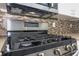 Close up of the kitchen with the Samsung stainless steel gas range and microwave, with mosaic tile backsplash at 21926 King Alfred St, Leesburg, FL 34748