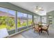 Enclosed patio features ceiling fan and large windows with backyard view at 2568 Jupiter Way, The Villages, FL 32163