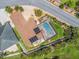 Drone-eye view of a home with a large screened-in pool, patio, and well-kept lawn in a desirable neighborhood at 2998 Kramer Ct, The Villages, FL 32163