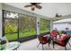 Relaxing screened-in patio with wicker furniture and ceiling fans overlooks well maintained backyard at 4581 Shenandoah River Trl, Leesburg, FL 34748