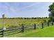 Backyard view with a wooden fence, green grass, and a serene landscape in the distance under a sunny sky at 541 Carrera Dr, The Villages, FL 32159