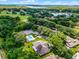 Scenic aerial view of community featuring lush landscaping, golf course, serene lakes, and tree-lined streets, a tranquil neighborhood at 8527 Firestone Cir, Clermont, FL 34711