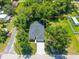 An aerial view of the property showcasing its proximity to lush greenery, a well manicured lawn, and a spacious driveway at 201 Hillside Ave, Umatilla, FL 32784