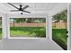 A covered patio offers a view of the fenced backyard, enhanced by a ceiling fan for added comfort and appeal at 201 Hillside Ave, Umatilla, FL 32784