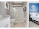 Clean bathroom with modern shower, vanity with granite countertop and stylish decor at 2530 Maneshaw Ln, Kissimmee, FL 34747