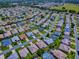 Expansive aerial view showcases a quiet neighborhood with meticulously maintained lawns and tree-lined streets at 3112 Burbank Ln, The Villages, FL 32162