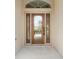 Elegant wood front door with decorative glass panels and sidelights, enhancing curb appeal at 3405 Nursery Pl, The Villages, FL 32163