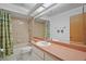 Bathroom features shower and bath combo with a large countertop vanity and mirror at 501 Cherry Tree St, Eustis, FL 32726