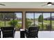 Screened lanai with comfortable seating and views of the community pond at 5944 Hickey Way, The Villages, FL 32163