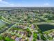 Scenic aerial shot showcasing a home in a suburban neighborhood with mature landscaping and a picturesque pond at 10986 Se 171St Street Rd, Summerfield, FL 34491
