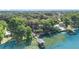 Panoramic aerial shows the lakefront home with private dock and waterfront access at 1107 Northshore Dr, Eustis, FL 32726