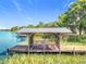Wooden dock features covered seating area, offering relaxation and scenic lake views at 1107 Northshore Dr, Eustis, FL 32726