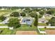 An aerial view of a backyard featuring a screened-in pool, solar panels, and well-maintained green space at 2024 Meadowside Dr, Eustis, FL 32726