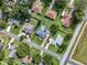 Wide aerial shot showcases a neighborhood with mature trees, green lawns, and homes with sparkling pools at 2024 Meadowside Dr, Eustis, FL 32726