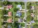 Aerial perspective of a well-maintained neighborhood; highlighting homes with lush yards, pools, and mature trees at 2024 Meadowside Dr, Eustis, FL 32726