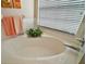 Close-up of a clean, white bathtub with a plant and a window, creating a serene and spa-like atmosphere at 25406 Crestwater Dr, Leesburg, FL 34748