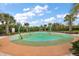 Community splash pad featuring colorful softscape, palm trees, and shaded seating area at 2928 Marlberry Ln, Clermont, FL 34714