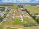 A high aerial view of RV parking, community garden, and baseball field in a rural neighborhood at 33417 Pennbrooke Pkwy, Leesburg, FL 34748