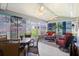 Enclosed patio with ceiling fans, patio table, and furniture for outdoor living at 612 Lisbon Ln, The Villages, FL 32159