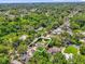 Aerial view showcases property with lush trees and a colorful red driveway at 647 E 3Rd Ave, Mount Dora, FL 32757