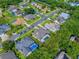 An aerial view of a neighborhood, featuring a home with a pool and beautifully landscaped surroundings at 812 Eagle Claw Ct, Lake Mary, FL 32746
