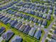 Drone shot of a neighborhood featuring well-maintained lawns, modern homes, and manicured landscaping at 865 Conroe St, The Villages, FL 34762
