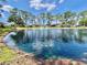 Community pond view featuring a fountain, lush landscaping, and clear blue skies at 105 Temple W Cv, Leesburg, FL 34748