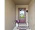 Inviting front entryway featuring a decorative glass door, welcome mat, and charming floral arrangements at 12952 Del Lago Dr, Astatula, FL 34705