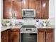 Close-up of a modern kitchen with stainless steel appliances, granite countertops, and stylish accessories at 1454 Westbury Dr, Clermont, FL 34711