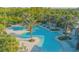 Aerial view of a zero-entry resort-style pool with palm trees and surrounding lush landscaping at 17112 Goldcrest Loop, Clermont, FL 34714