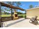 Outdoor patio featuring an outdoor fireplace and awning perfect for relaxing and entertaining at 1726 W Schwartz Blvd, Lady Lake, FL 32159