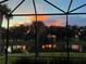 From the screened-in lanai, admire the picturesque pond, palm trees, and vibrant sunrise colors at 2321 Demarco Dr, The Villages, FL 32163