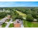Gorgeous aerial view of a home on a golf course featuring a large backyard, screened-in pool, and solar panels at 25236 Waterbridge Ct, Leesburg, FL 34748
