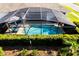Aerial view showcases a pool, the screened-in lanai, and lush landscaping, offering privacy and beauty at 27146 Greenfly Orchid Ln, Leesburg, FL 34748
