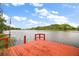 Picturesque view of a dock extending into a tranquil lake, surrounded by lush greenery at 31941 Tropical Shores Dr, Tavares, FL 32778
