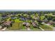 Overhead view of the property showcasing a manicured lawn, mature trees, and an attractive brick driveway at 39504 Hillrise Ln, Lady Lake, FL 32159