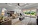 Open concept living room with stylish rug and access to outdoor patio at 39504 Hillrise Ln, Lady Lake, FL 32159