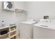 Functional laundry room includes a stacked washer and dryer and shelving at 654 Fayette Ct, The Villages, FL 32162