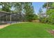 Lush backyard featuring a screened-in pool and fence line with mature trees at 717 Southeast 46Th Ct, Ocala, FL 34471