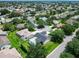 Gorgeous aerial shot of a charming neighborhood, showcasing a home with a screened-in pool and lush landscaping at 750 Eden Pl, The Villages, FL 32162