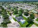 Beautiful aerial view of a peaceful neighborhood, featuring a lovely home with a private screened pool and well-kept lawns at 750 Eden Pl, The Villages, FL 32162