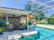 Captivating pool area with a screened enclosure, tiki bar, and comfortable seating, ideal for outdoor living and relaxation at 750 Eden Pl, The Villages, FL 32162