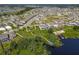 Stunning aerial view of a lakeside community with lush greenery and inviting walking paths and water access at 124 Juno Dr, Groveland, FL 34736